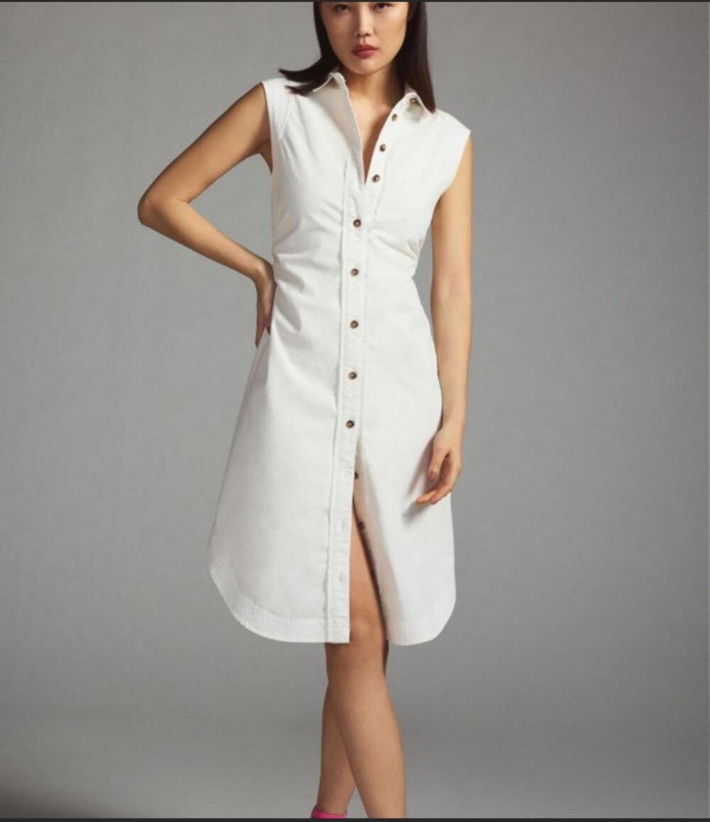Anthropologie Pilcro Petite Shirt Dress Button Front Pleated White Sz 0P $160
